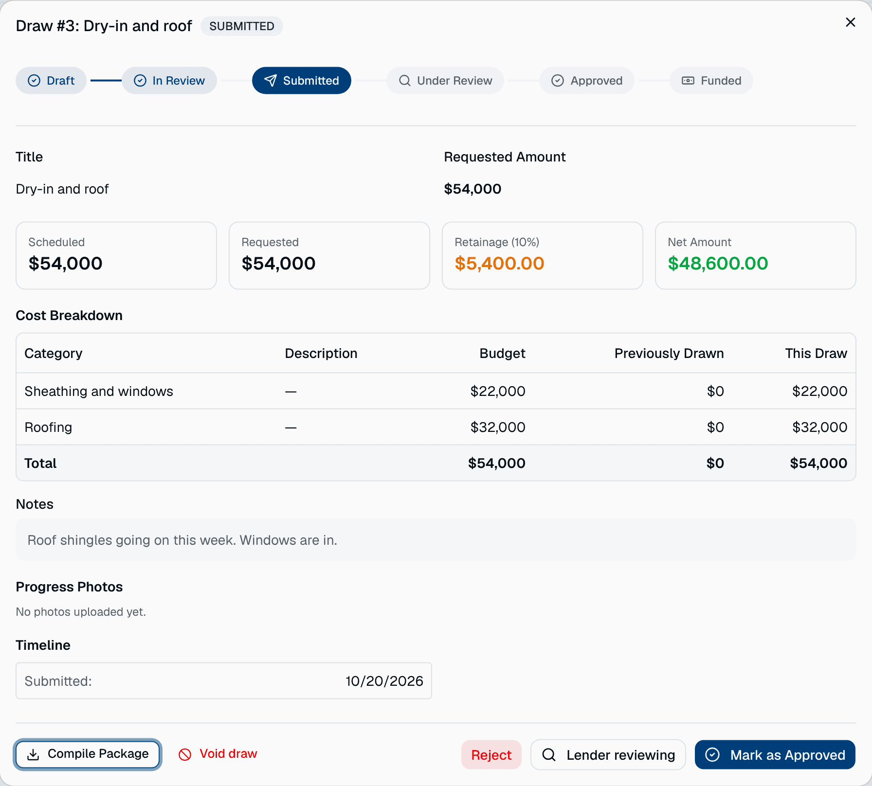 A submitted draw in HomeTakeOff with line items, retainage and the net amount