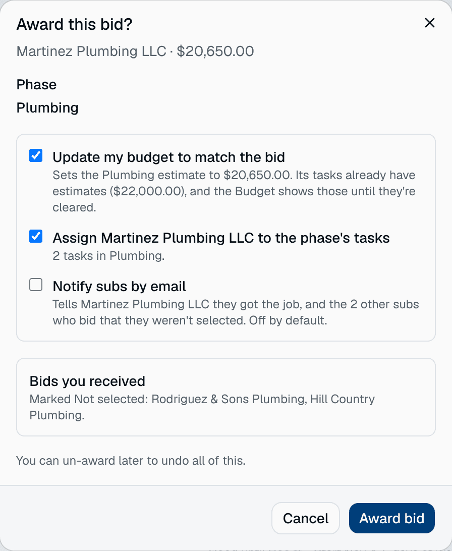 Award bid dialog in HomeTakeOff with options to update the budget and assign the sub to the phase's tasks