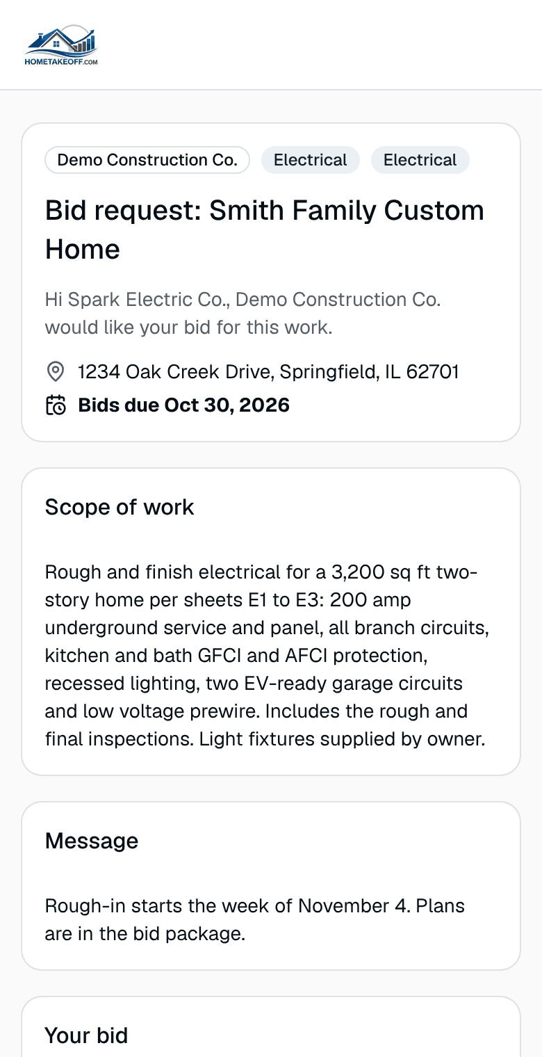 A bid request open on a subcontractor's phone with the scope of work and due date, no login needed